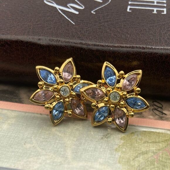 Vintage Jewelry - 1960s Vintage Floral Crystal Earrings Gold Tone Blue Pink Holiday Retro Glam